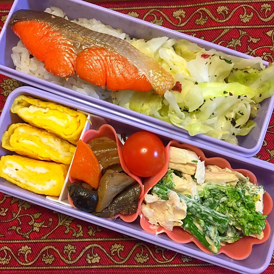 はなっこりーと鶏ささみのからしマヨ和えと塩鮭弁当|もえさん