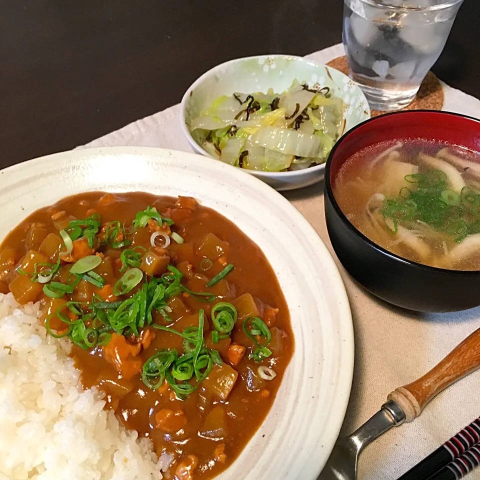 挽肉と大根の和風カレー/白菜の塩昆布和え/きのこのあったか生姜スープ|ゆきてぃさん