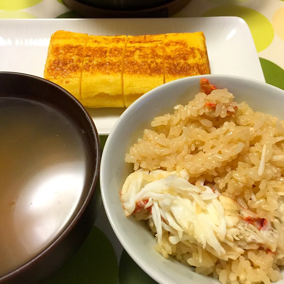 厚焼き玉子としじみ汁とたらば蟹の炊き込み御飯|長谷川裕子さん