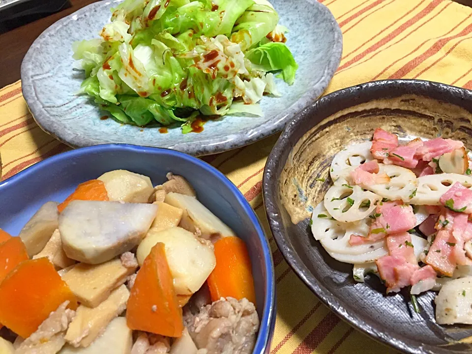 里芋たいたん・ベーコンれんこんガーリック炒め・蒸しキャベツ胡麻油味噌だれ|Yuko Kisoさん