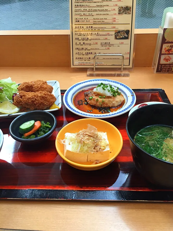 メカジキ照り焼き / 広島産カキフライ / 冷や奴 / 味噌汁|山内博之さん