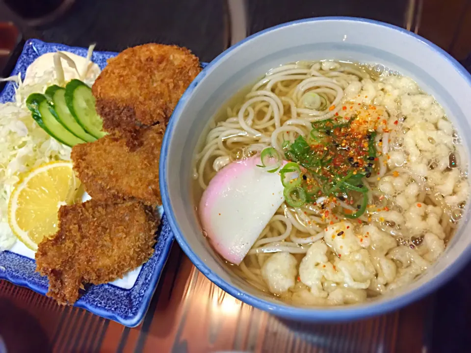 とあるお蕎麦屋さんで、日替り定食をお願いしたら、掛け蕎麦🍜とヒレカツ🐷とご飯🍚だった。
個人的には、ソースは好みじゃないので醤油でもお願いしようかと思ったら、お店が鬼のように忙しくてお願いできずじまい😔
プチ玉砕してしまったお昼ご飯で御座いました😢|にゃあ（芸名）さん