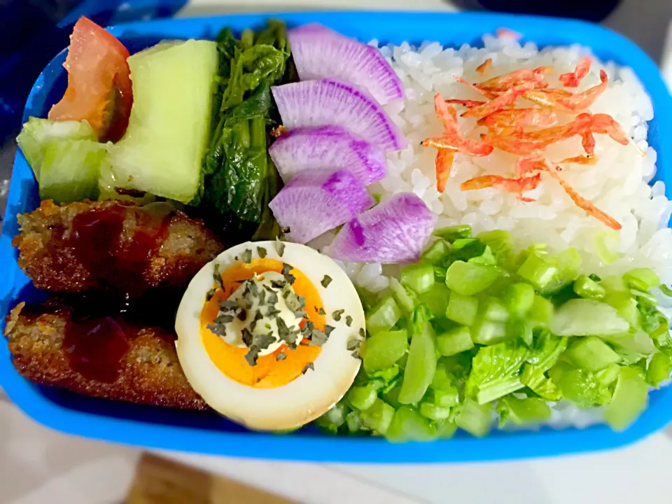 Snapdishの料理写真:パパお弁当🍱  メンチカツ  煮卵  ほうれん草のお浸し  赤大根の漬物  小松菜の漬物  グリーンサラダ  トマト  メロン  干し海老ふりかけ|ch＊K*∀o(^^*)♪さん