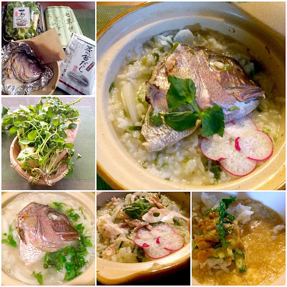 Snapdishの料理写真:Rice porridge of seven herb 🌿鯛あらde七草粥|🌈Ami🍻さん