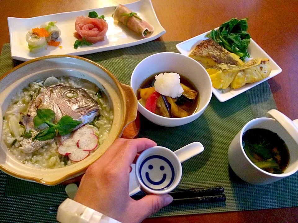 Today's Dinner🍴前菜･野菜の揚げ浸し･真鱈の西京漬け焼き･鯛あらde七草粥･小松菜のお味噌汁|🌈Ami🍻さん