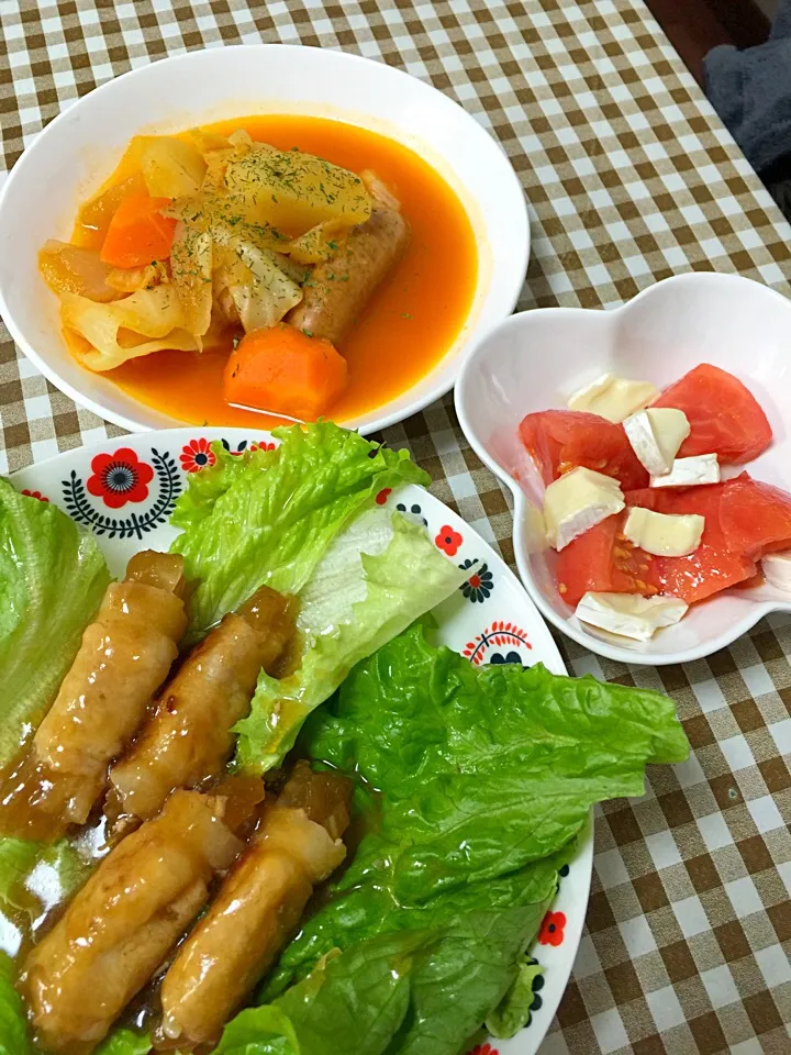 ボルシチ🌱🍅とカマンベールチーズのオリーブ和え🌱大根の肉巻き|☆光るさん