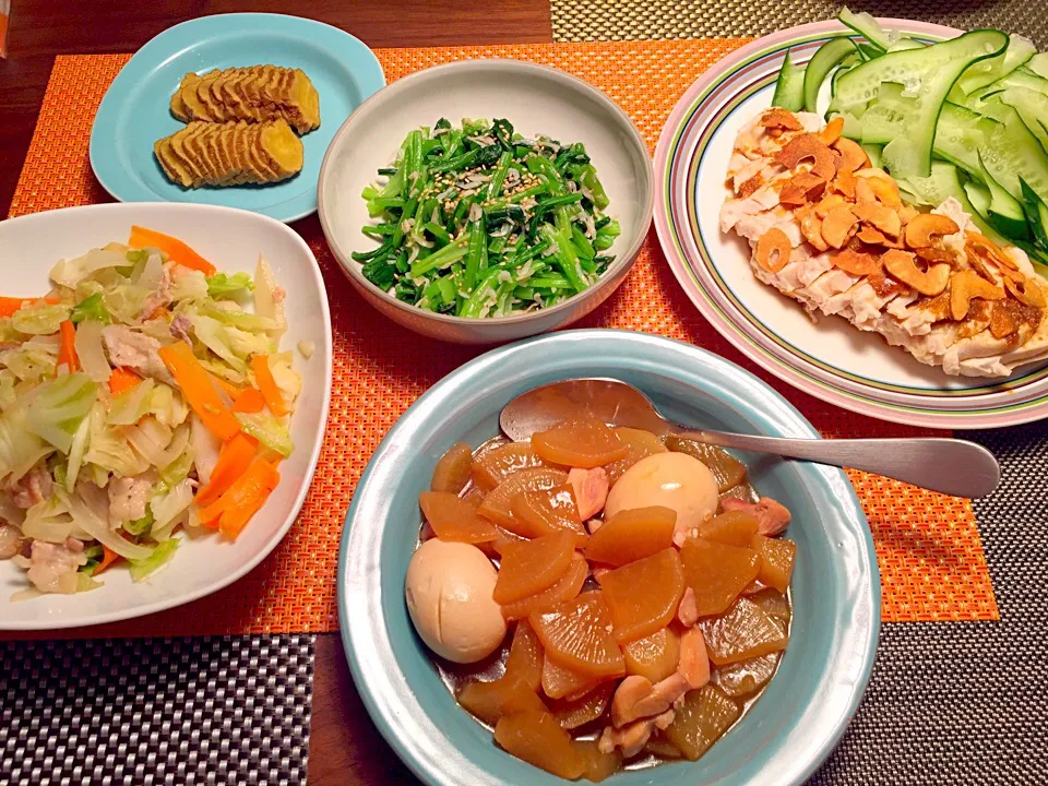 今日の晩ご飯〜⭐︎小松菜ナムル 桜海老和え、大根煮物、野菜炒め、よだれ鶏、いぶりがっこ|Tomomi Booさん