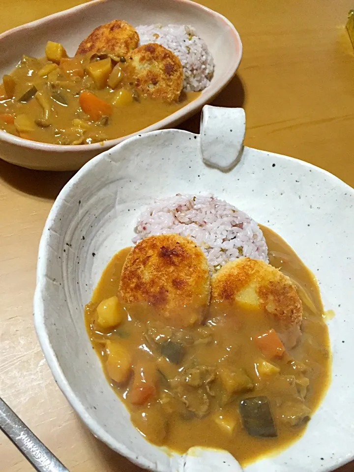 Snapdishの料理写真:自家製揚げたてコロッケ&残り物カレーでランチタイム´◡`|さくたえさん