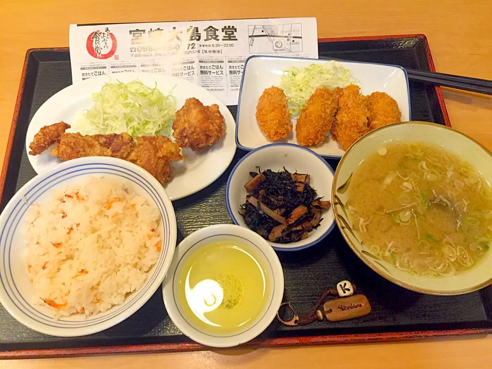 桜エビご飯&アサリ汁&カキフライ&唐揚げ&ヒジキ|肉大好きさん