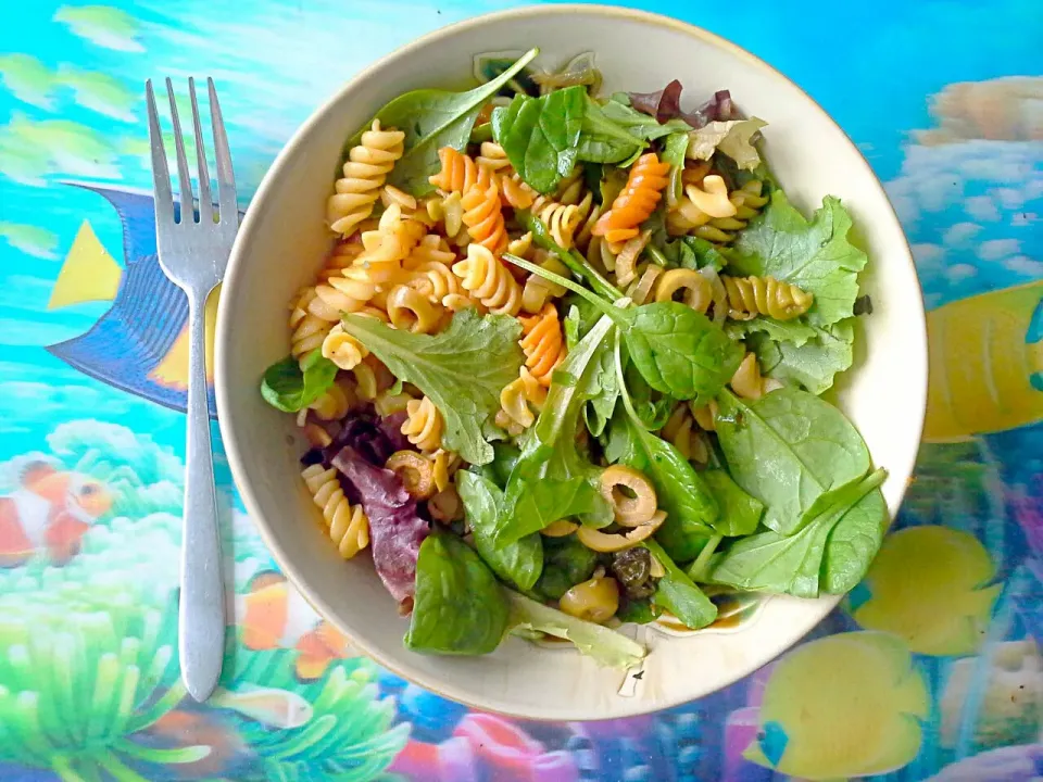 vegan leftover arugula pasta with salad|veganadianさん