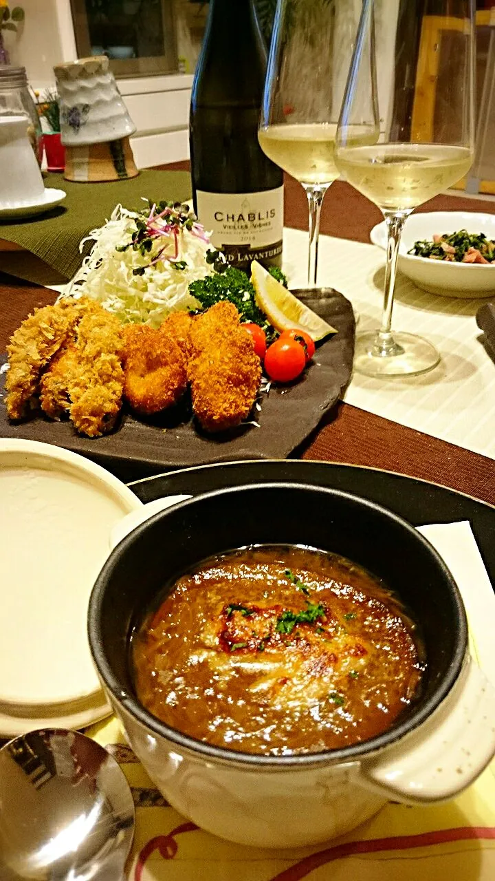 牡蠣フライ・蟹クリームコロッケ・オニオングラタンス―プ🍴シャブリで🍷＼(^o^)／|ナムナムさん