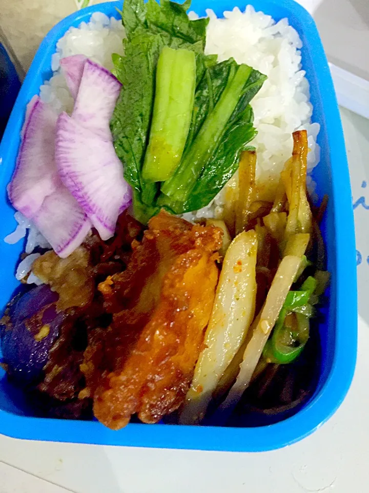 Snapdishの料理写真:パパお弁当🍱  鶏の唐揚げ  紫玉ねぎの掻き揚げ 蓮根と牛蒡のきんぴら  セロリの漬物  赤大根の漬物|ch＊K*∀o(^^*)♪さん