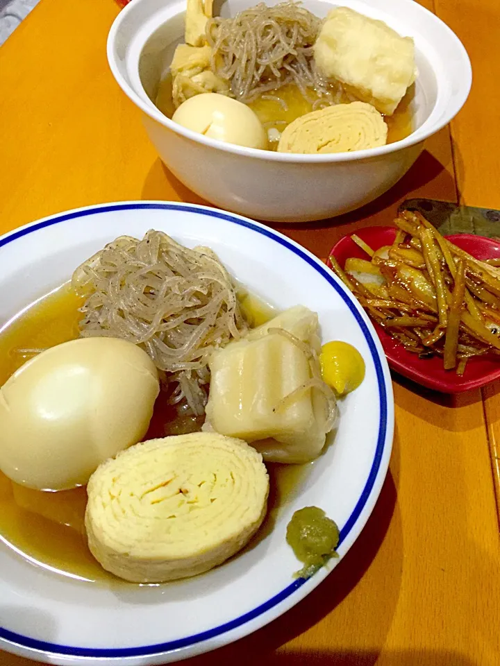 Snapdishの料理写真:おでん🍢  大根  たまご  竹輪麩  しらたき  だし巻き卵  牛すじ      蓮根と牛蒡のきんぴら|ch＊K*∀o(^^*)♪さん