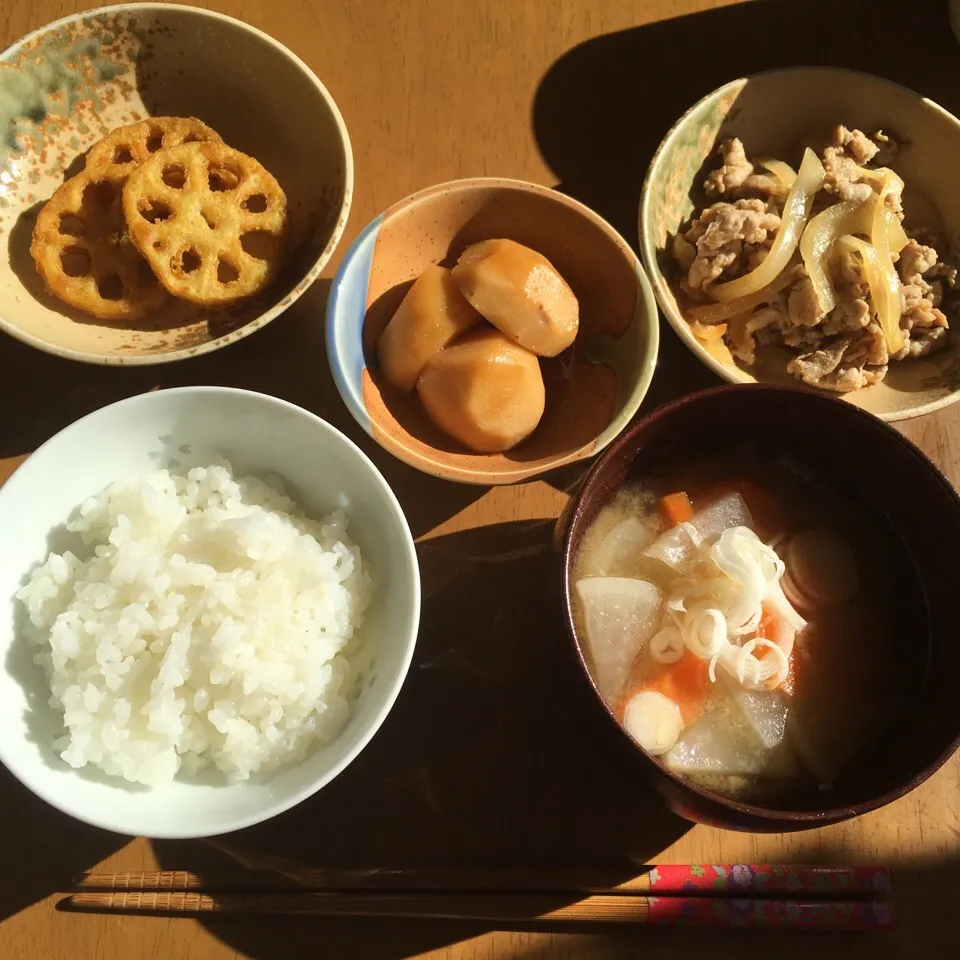 豚肉の生姜焼き
里芋の煮っころがし
蓮根のカレー揚げ
味噌汁|えりかさん