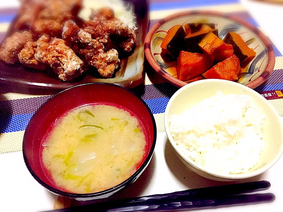 ＊唐揚げ
＊かぼちゃの煮物
＊大根の味噌汁|あやぱんさん