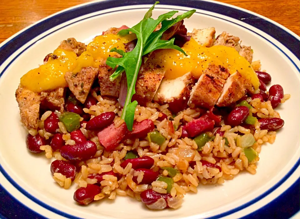 Grilled mango habanero jerk chicken with red beans and rice|Casey Murrellさん