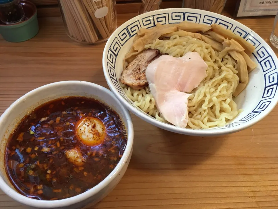 Snapdishの料理写真:激辛つけ麺(中盛、太麺、辛さup:ハバネロ＋5種の香辛料)|マロさん