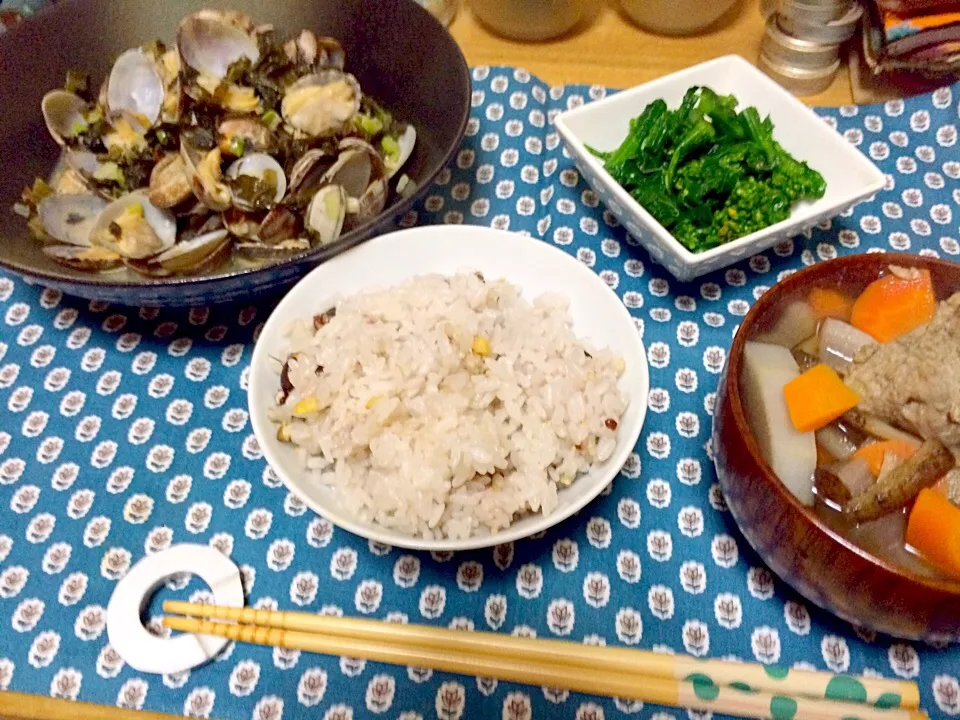 晩ごはん★アサリと高菜の炒め物、菜の花のからし和え、鰯のつみれ汁、十穀ごはん|ハルさん