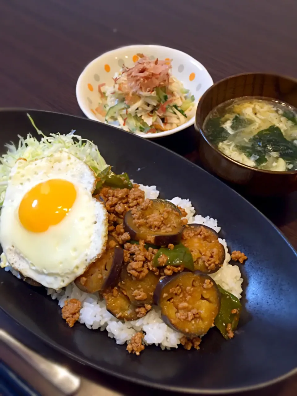 茄子とひき肉の甘辛丼の晩御飯|mikaさん