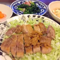 ポークソテー
ちぢみほうれん草バター
明太子豆腐
糠漬け|motoさん