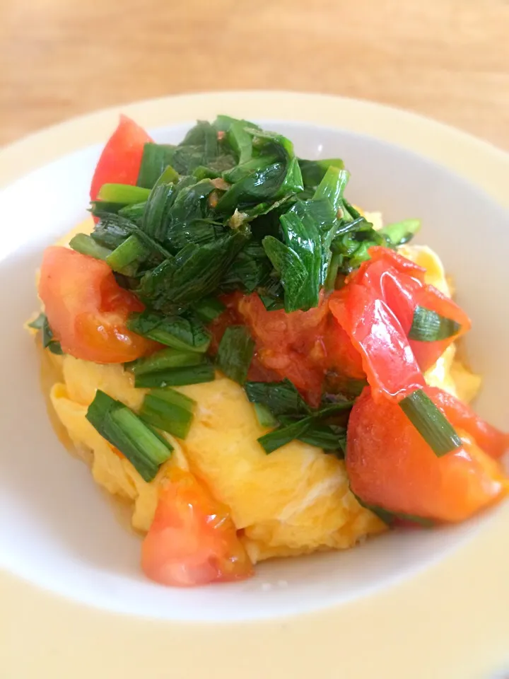 Tina Tomoko😋さんの料理 お豆腐の、ニラとトマトのラー油ソース乗せ！をオムレツで♪|acoさん