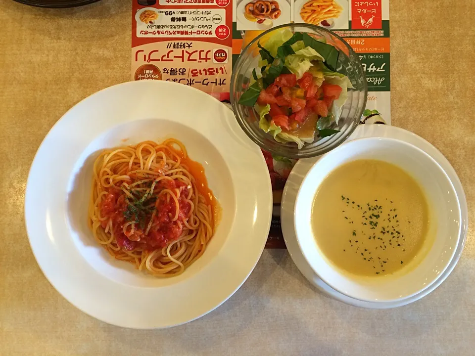 トマトソーススパゲティ•サラダ&ポタージュセット|ばーさんさん