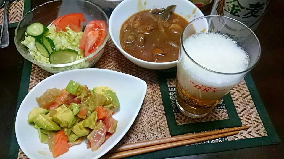 Snapdishの料理写真:カレー＆コールスロー＆アボカドとお刺身のカルパッチョ|まぐろさん