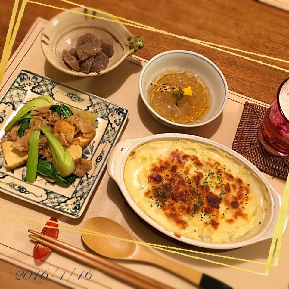 白菜とお餅のグラタン
豚肉と厚揚げ、青梗菜のオイスター炒め
こんにゃくの煮物
ところてん|𓇼 Ⓢ Ⓗ Ⓘ Ⓝ Ⓞ Ⓑ Ⓤ 𓇼さん