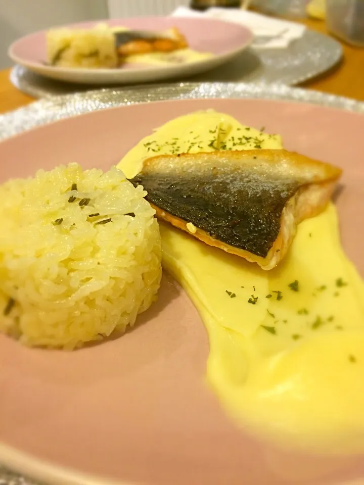 pan fried salmon with parsnip purée and rosemary lemon rice|Cook from Londonさん