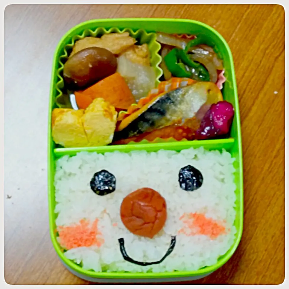 Snapdishの料理写真:旦那さんのお弁当
・鯖の味噌漬け焼き
・根菜の煮物
・卵焼き
・ピーマンと玉葱炒め
・顔ご飯|あぁちゃんさん