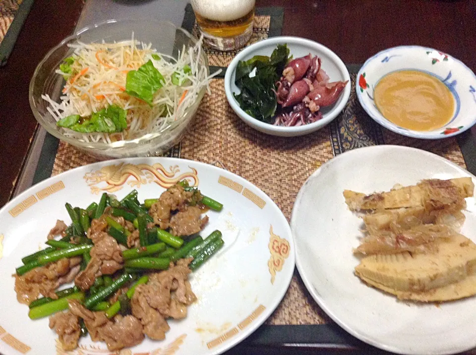 筍の土佐煮＆ホタルイカ＆ニンニクの芽と豚肉の炒め＆大根サラダ|まぐろさん