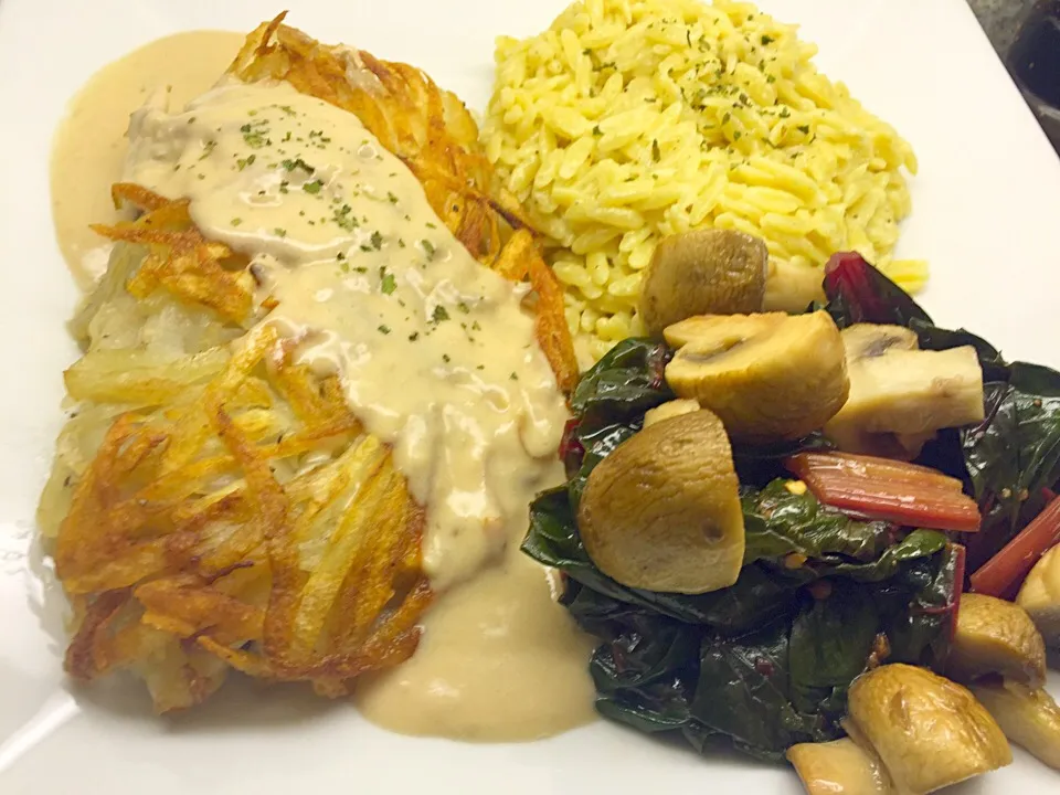 Potato Encrusted Catfish topped with a creamy goat cheese sauce, Chard & Shrooms and Goat Cheese Orzo|Chef Ampさん