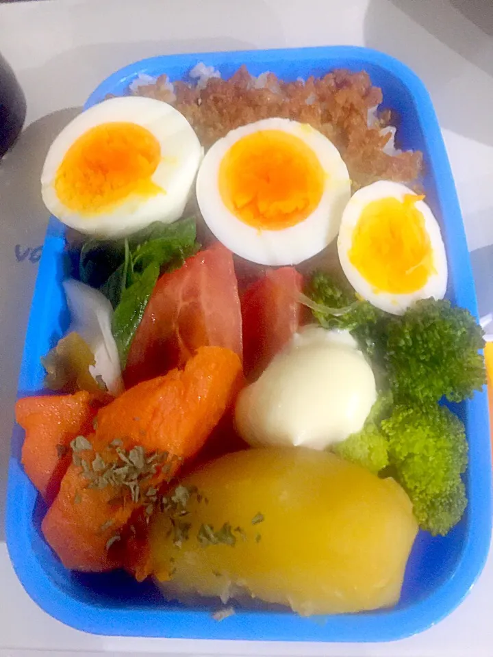 パパお弁当🍱  鶏そぼろ  ゆで卵  ジャガイモと人参の煮物  蒸しブロッコリー  セロリと大根柿の漬物  トマト|ch＊K*∀o(^^*)♪さん