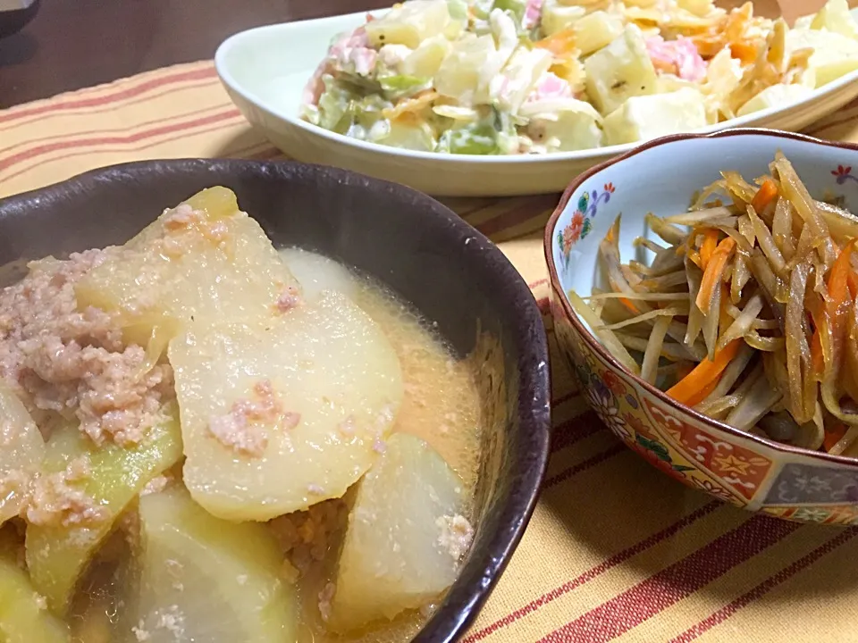 大根鶏そぼろ味噌煮・きんぴら・ポテトサラダ|Yuko Kisoさん