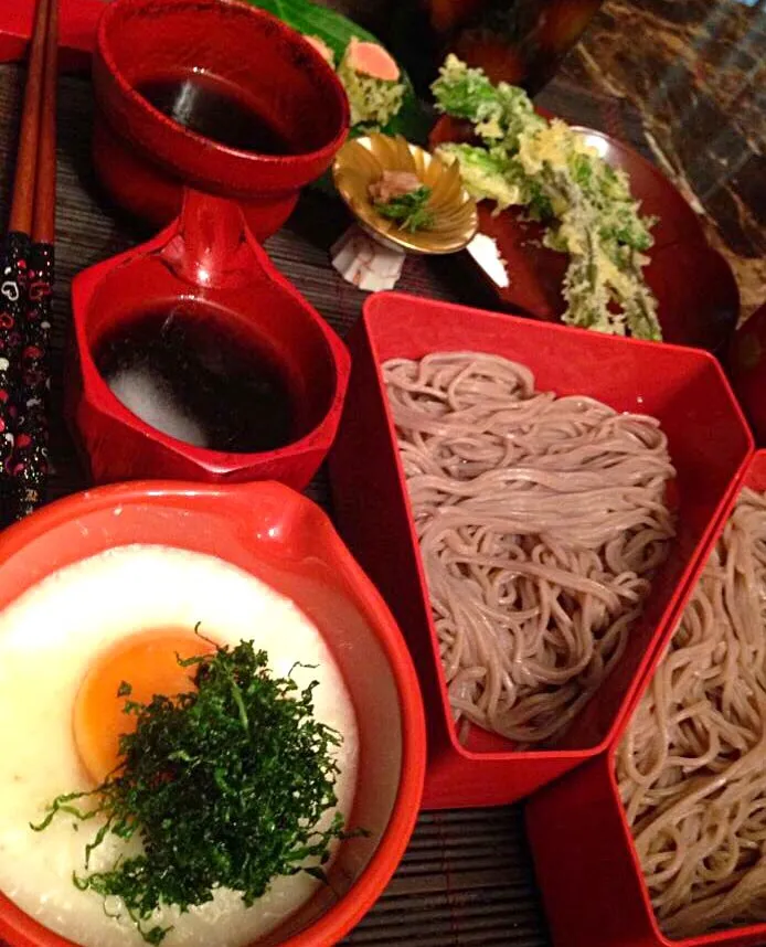 とろろ蕎麦定食💓 鱈子と菜花の天麩羅、梅の出汁漬けと一緒に。|💍ごはん🍚さん