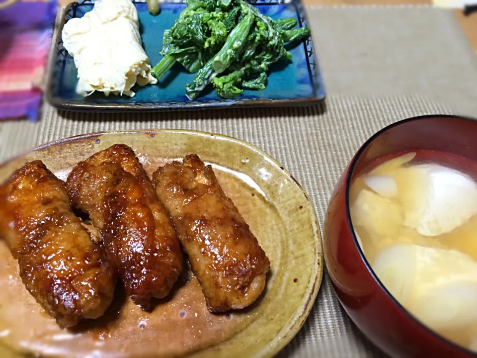 厚揚げの豚巻き、菜の花の辛子マヨネーズ和え、湯葉。|みきさん