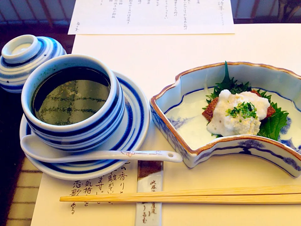 鮪の湯葉とろろ掛けと金華ハム入りほうれん草あん掛け茶碗蒸し|けいこSさん