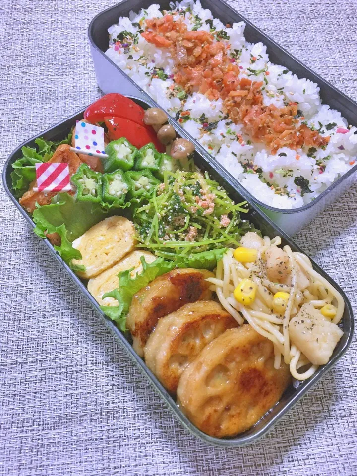 高校生息子のお弁当 ♪ 手作り鮭フレークとことり*さんの料理 豆苗の辛子明太子和え*も入ってますよ〜😄|キラりんさん