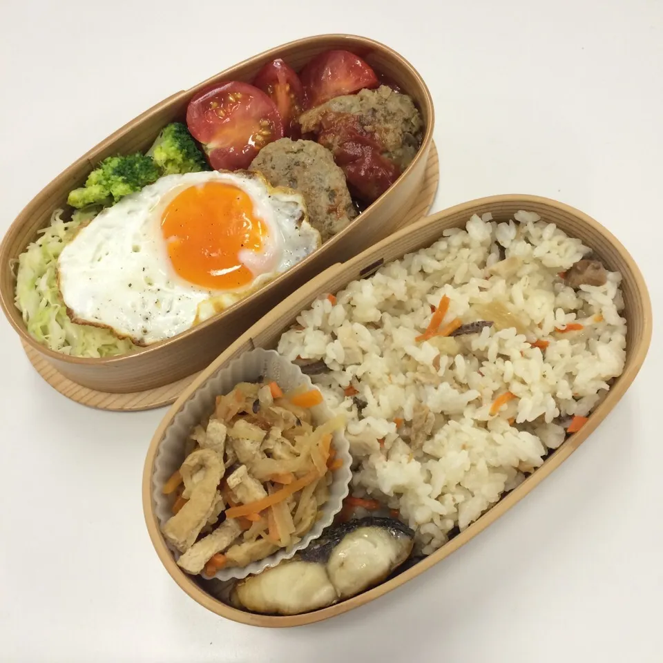 弁当（ハンバーグ、目玉焼き、焼きサバ、切干し大根、サラダ）|SasaMasa213さん