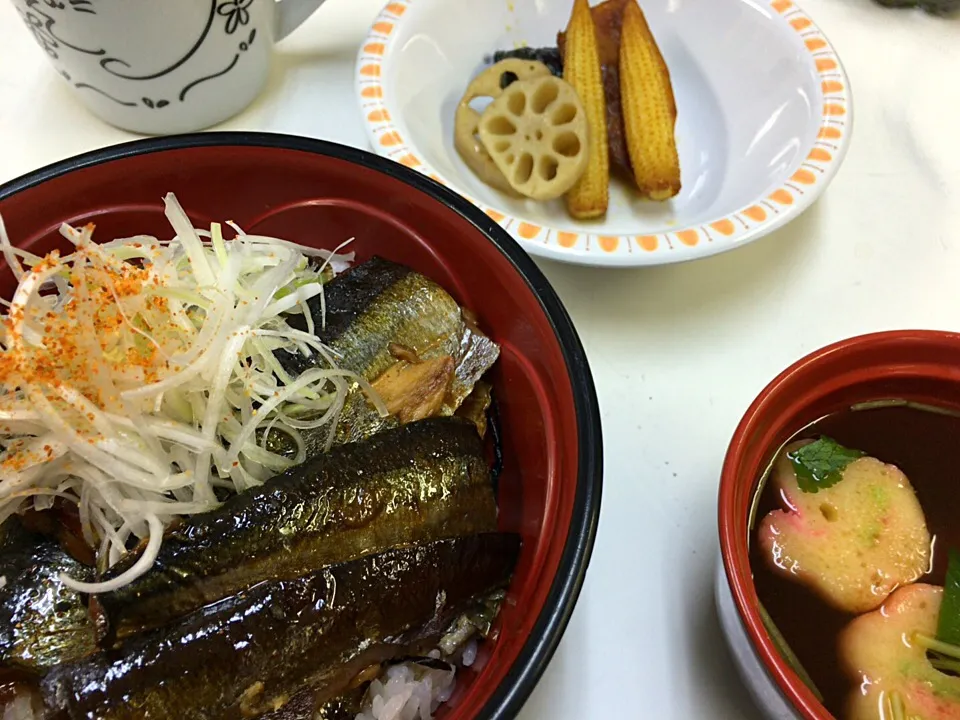 ｢秋刀魚の蒲焼き丼｣と、｢野菜の揚げ浸し｣|あんぱんさん