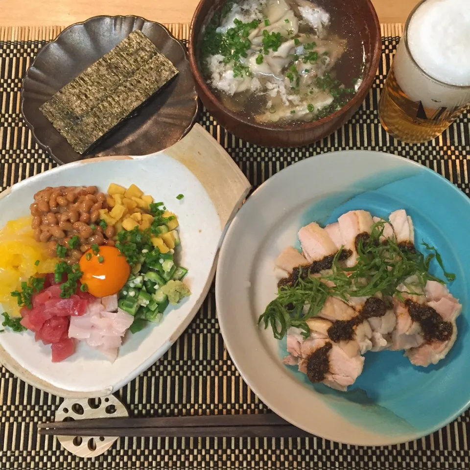 ばくだん、茹で鶏生七味醤油、舞茸と白身のスープ|maruruさん