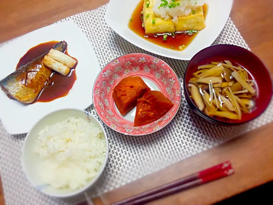 さばの味噌煮・揚げ出し豆腐・かぼちゃの煮物・きのこ汁|なべちゃんさん