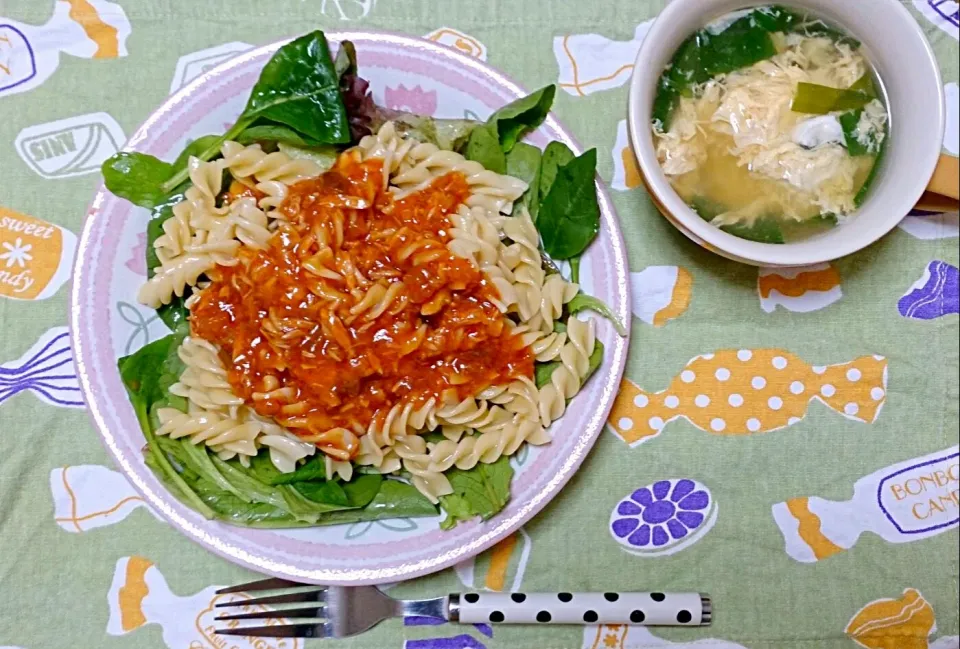 トマトソースのペンネ🍅とニラ玉スープ|kazuuさん