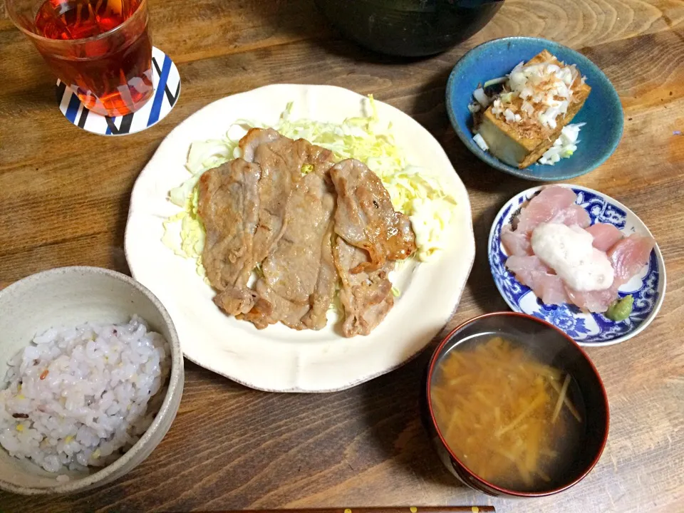 豚の生姜焼き
びんちょうマグロの山かけ
ネギとカツオたっぷりのせ厚揚げ|＊YUKI＊さん