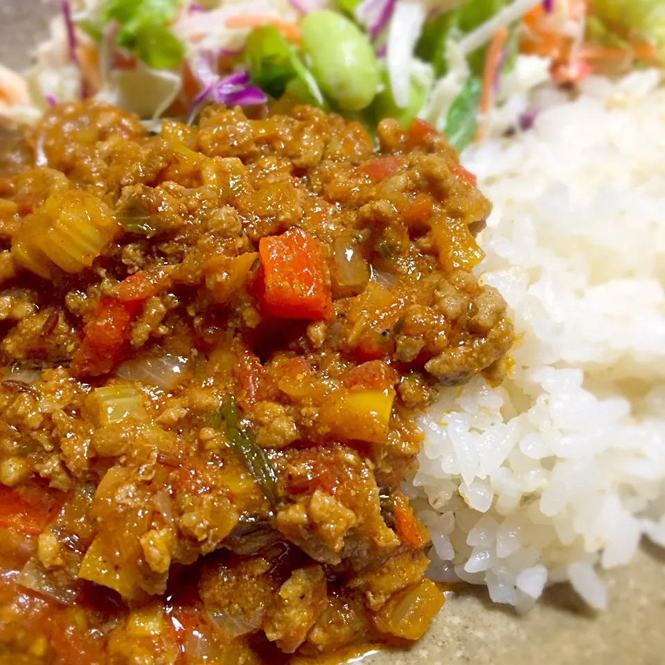 合挽き肉のカレー。玉ねぎ、セロリ、パプリカ、エリンギ、トマト、野菜いろいろカレー。|lionneさん