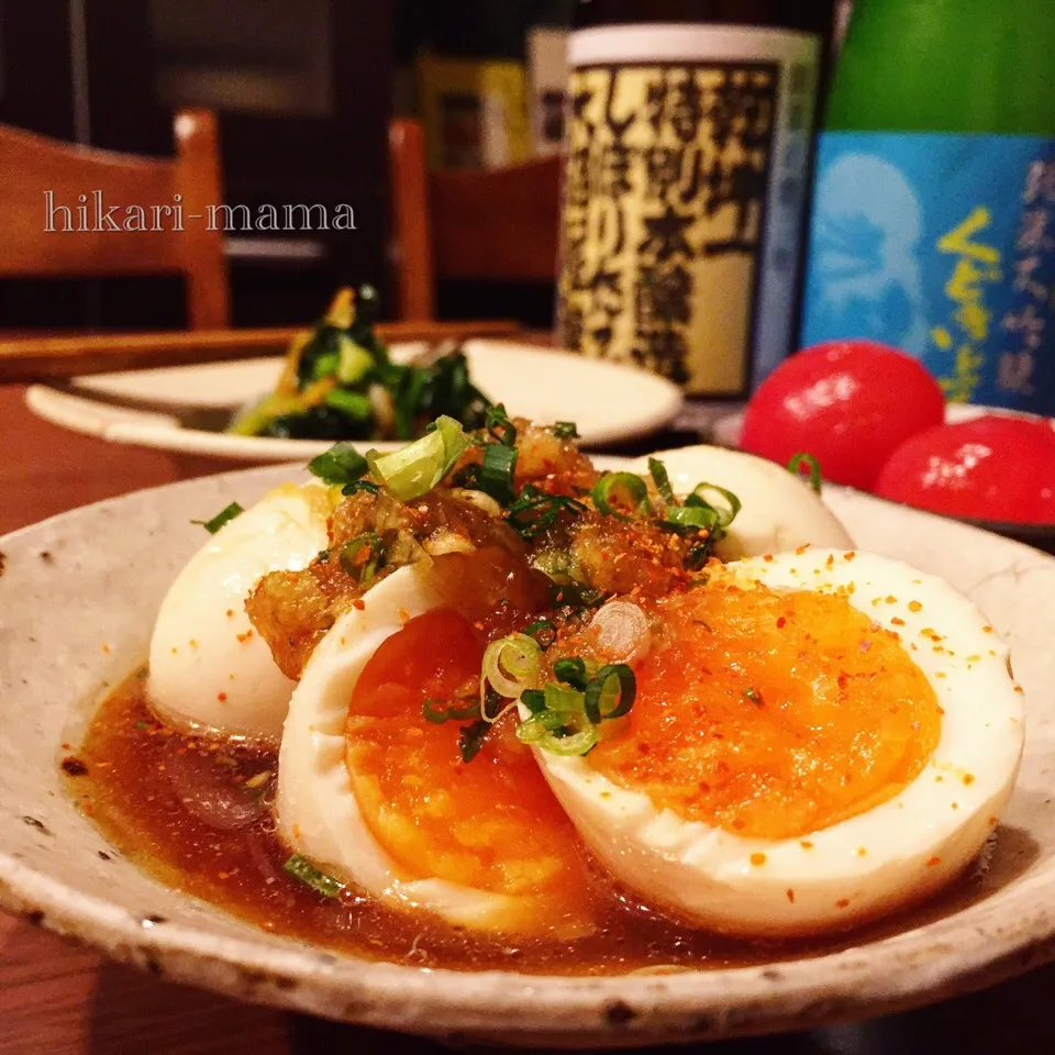 半熟茹で卵に香味おろしのタレ～！
🍶くどき上手(ひやおろし)と乾坤一でお疲れ様でした🍶|ひかりママさん