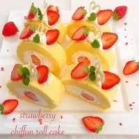 Snapdishの料理写真:りずむちゃんのrecipeでストロベリー♡シフォンロールケーキ🍓