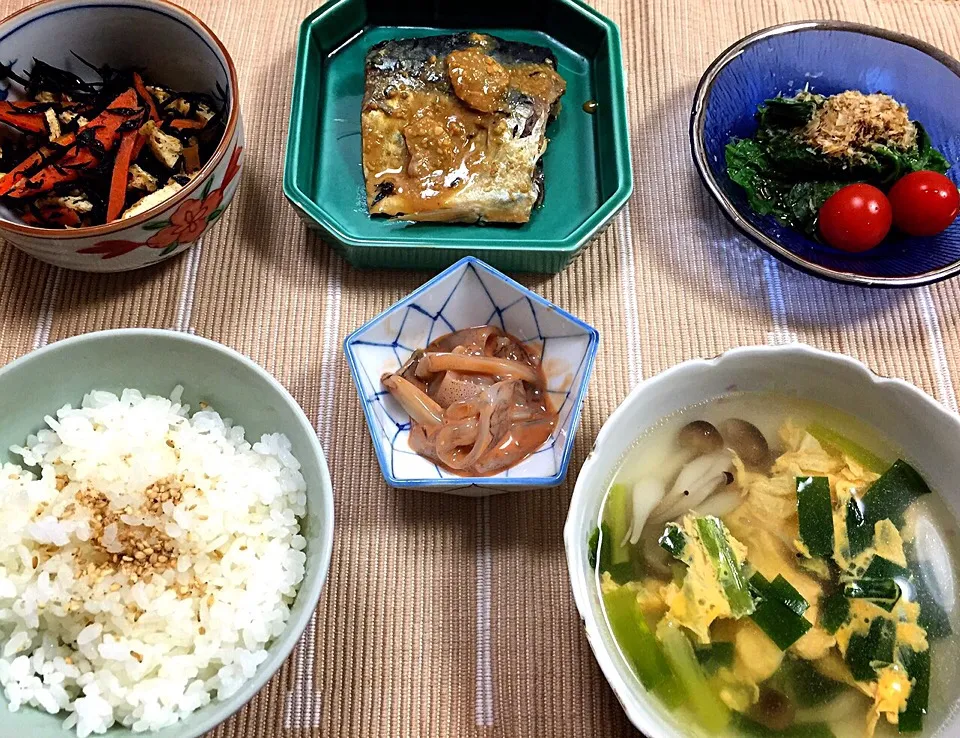 さばの味噌煮、にらとたまごのスープ、ひじきの煮物、小松菜のお浸し、いかの塩辛|krchopさん