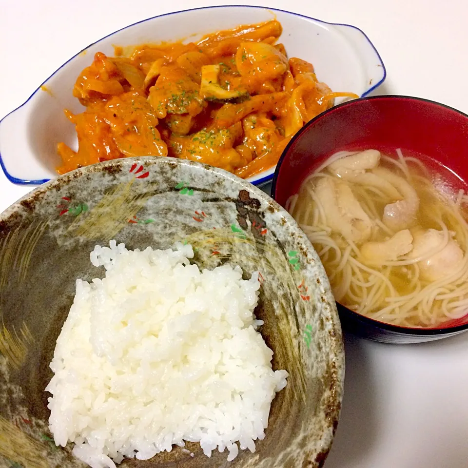 チキンとキノコのトマトクリーム煮、にゅうめん|まこさん