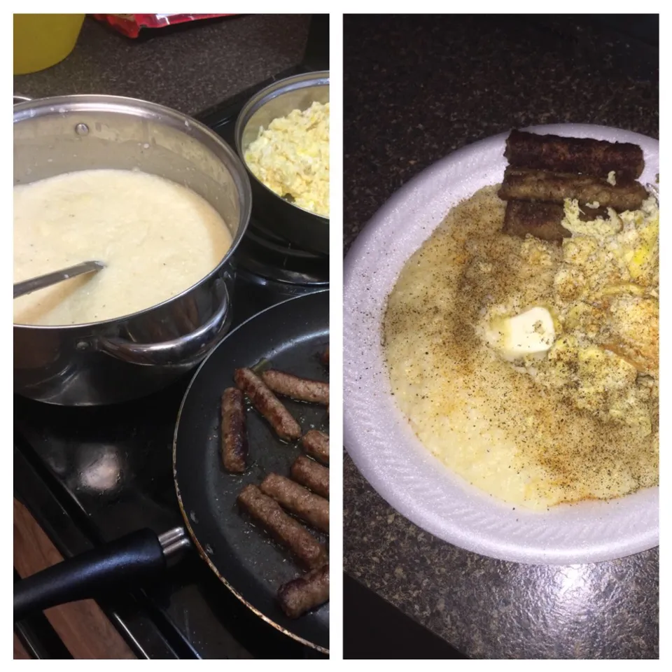 Breakfast-cheese grits, scrambled eggs & sausage.|Richard Thompsonさん